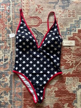 Beach Joy Navy Star One-Piece Swimsuit with Red Trim